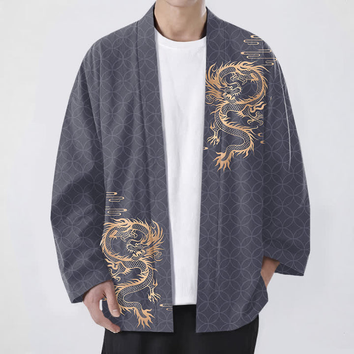 Buddha Stones Kimono de hombre de algodón con estampado geométrico de círculos y dragón dorado, con frente abierto. - Gris pizarra - US/UK/AU48, UE58 (4XL) - image 0