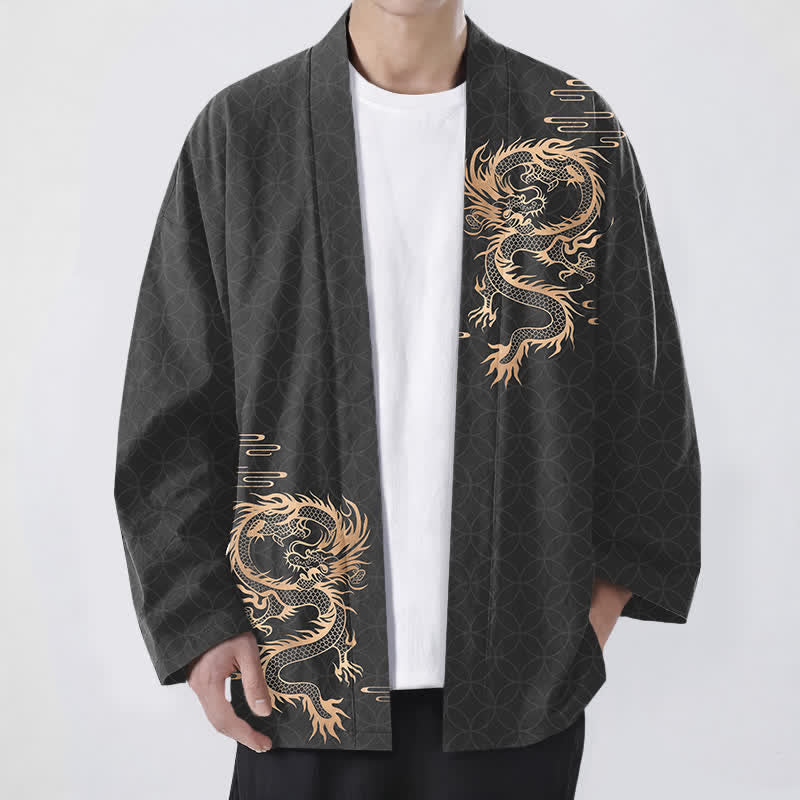 Buddha Stones Kimono de hombre de algodón con estampado geométrico de círculos y dragón dorado, con frente abierto. - Negro - US/UK/AU48, UE58 (4XL) - image 6