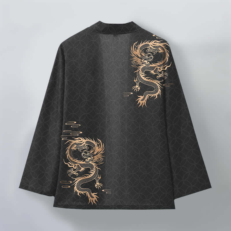 Buddha Stones Kimono de hombre de algodón con estampado geométrico de círculos y dragón dorado, con frente abierto. - image 8