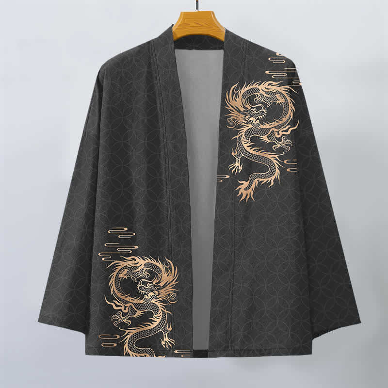 Buddha Stones Kimono de hombre de algodón con estampado geométrico de círculos y dragón dorado, con frente abierto. - image 7
