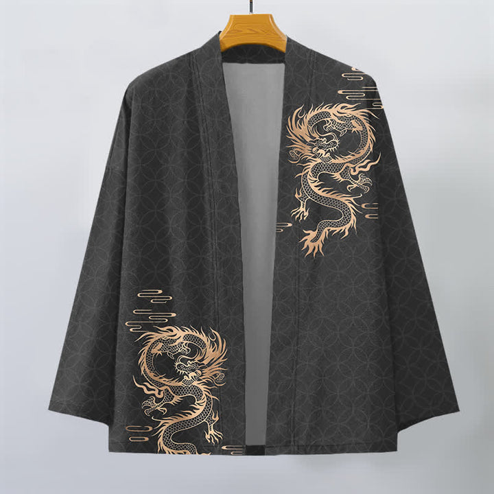 Buddha Stones Kimono de hombre de algodón con estampado geométrico de círculos y dragón dorado, con frente abierto. - image 7