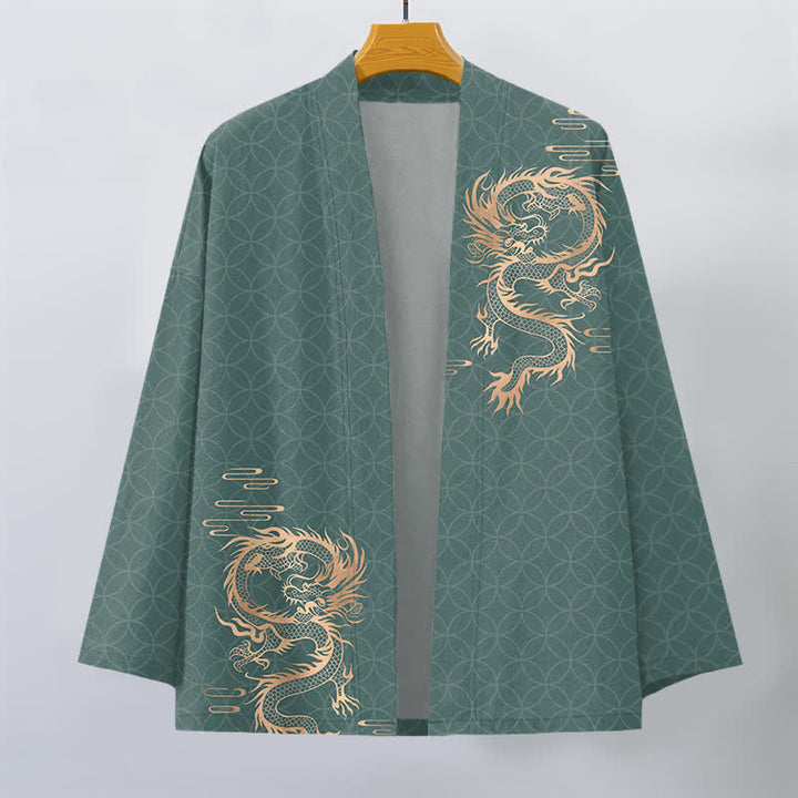 Buddha Stones Kimono de hombre de algodón con estampado geométrico de círculos y dragón dorado, con frente abierto. - image 10