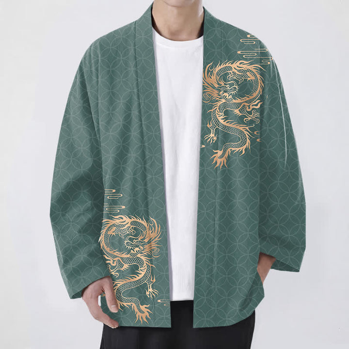 Buddha Stones Kimono de hombre de algodón con estampado geométrico de círculos y dragón dorado, con frente abierto. - Verde mar medio - US/UK/AU48, UE58 (4XL) - image 9