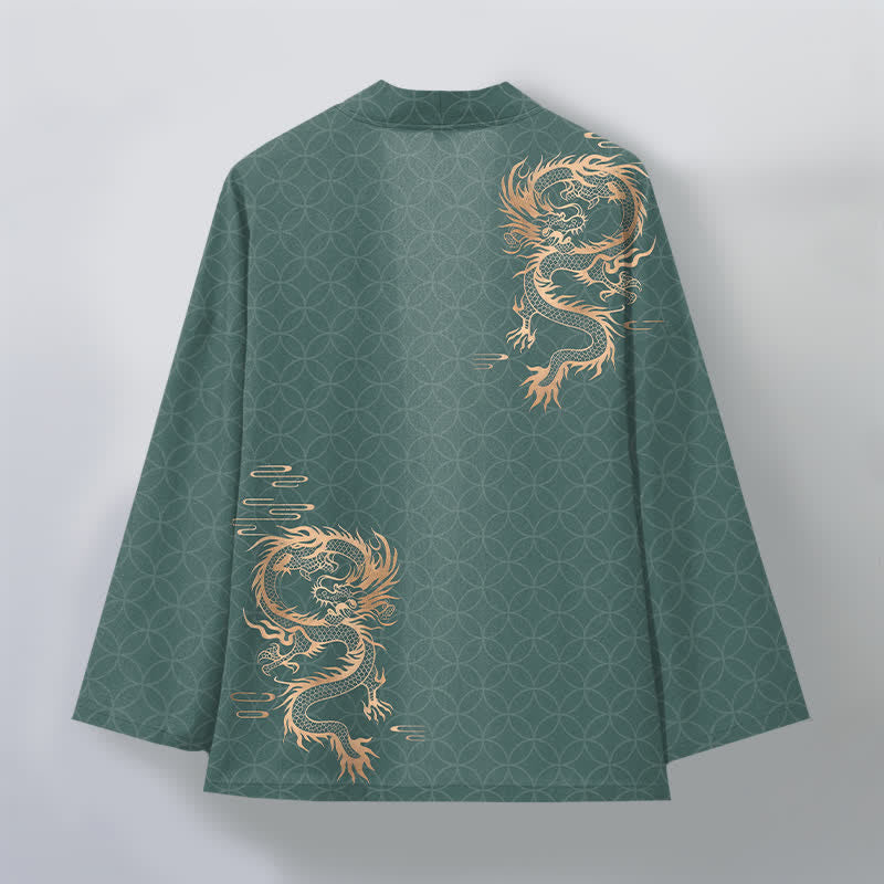 Buddha Stones Kimono de hombre de algodón con estampado geométrico de círculos y dragón dorado, con frente abierto. - image 11