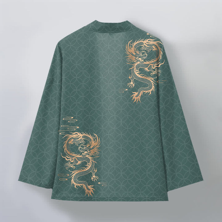 Buddha Stones Kimono de hombre de algodón con estampado geométrico de círculos y dragón dorado, con frente abierto. - image 11