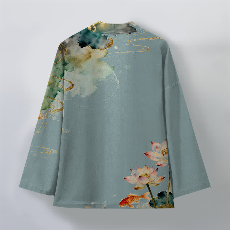 Buddha Stones Kimono de hombre con frente abierto, estampado de nube de tinta de loto koi de algodón y flores de algodón. - image 2