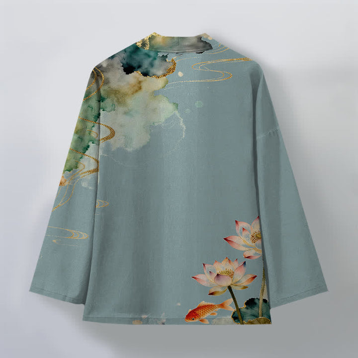Buddha Stones Kimono de hombre con frente abierto, estampado de nube de tinta de loto koi de algodón y flores de algodón. - image 2