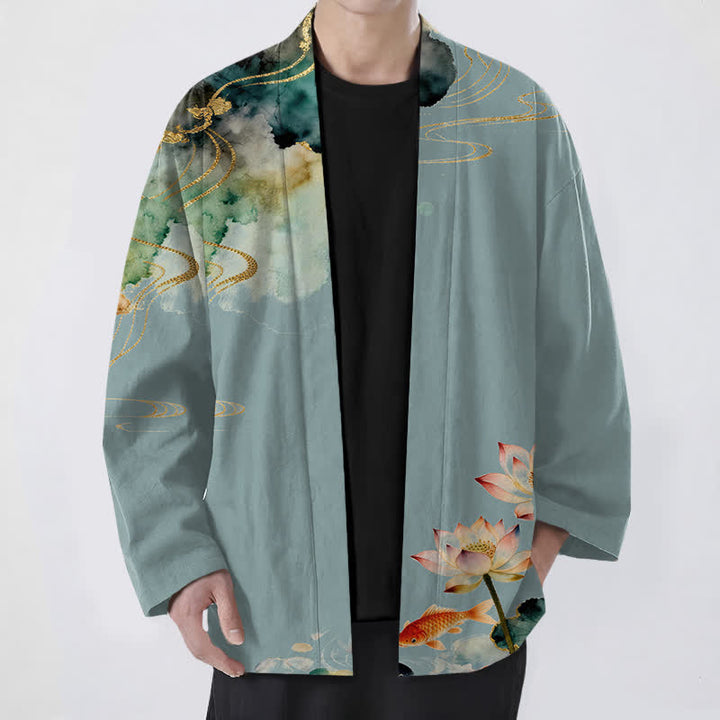 Buddha Stones Kimono de hombre con frente abierto, estampado de nube de tinta de loto koi de algodón y flores de algodón. - Azul cadete - US/UK/AU48, UE58 (4XL) - image 0