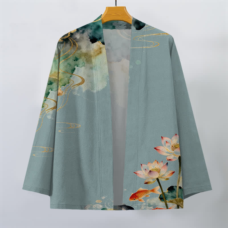Buddha Stones Kimono de hombre con frente abierto, estampado de nube de tinta de loto koi de algodón y flores de algodón. - image 1