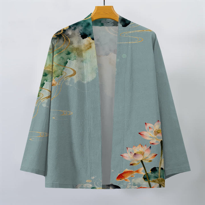 Buddha Stones Kimono de hombre con frente abierto, estampado de nube de tinta de loto koi de algodón y flores de algodón. - image 1