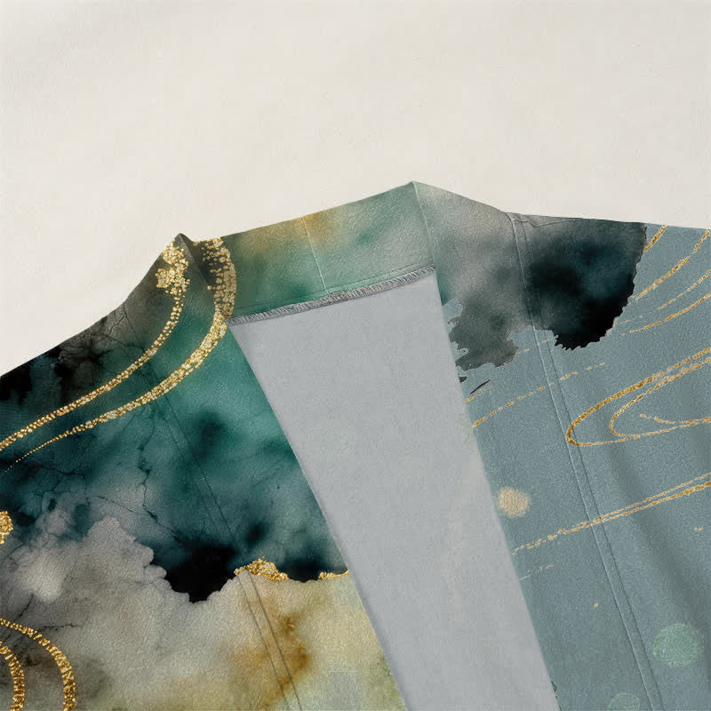 Buddha Stones Kimono de hombre con frente abierto, estampado de nube de tinta de loto koi de algodón y flores de algodón. - image 3