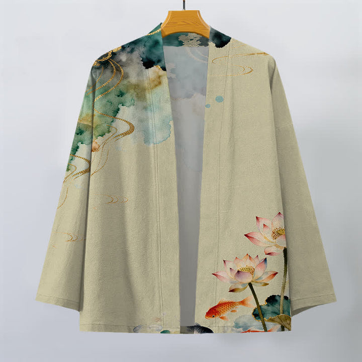 Buddha Stones Kimono de hombre con frente abierto, estampado de nube de tinta de loto koi de algodón y flores de algodón. - image 7