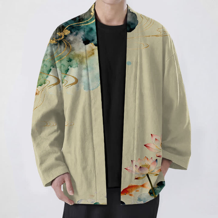 Buddha Stones Kimono de hombre con frente abierto, estampado de nube de tinta de loto koi de algodón y flores de algodón. - vara de oro pálida - US/UK/AU48, UE58 (4XL) - image 6
