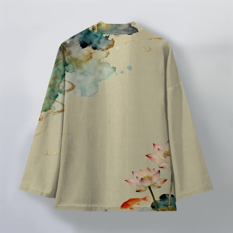Buddha Stones Kimono de hombre con frente abierto, estampado de nube de tinta de loto koi de algodón y flores de algodón. - image 8