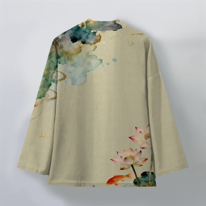 Buddha Stones Kimono de hombre con frente abierto, estampado de nube de tinta de loto koi de algodón y flores de algodón. - image 8