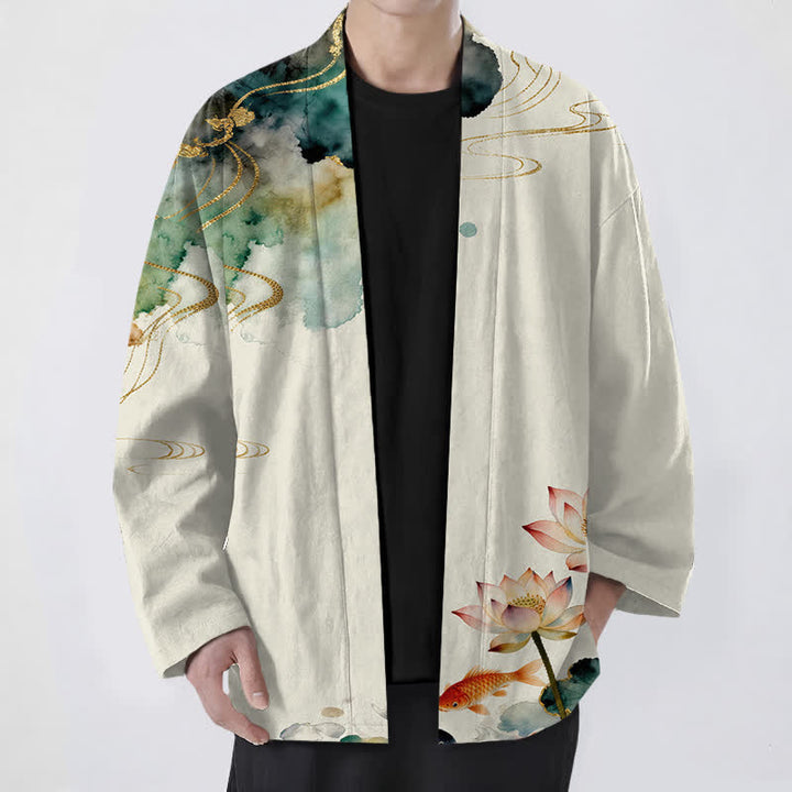 Buddha Stones Kimono de hombre con frente abierto, estampado de nube de tinta de loto koi de algodón y flores de algodón. - Beige - US/UK/AU48, UE58 (4XL) - image 9