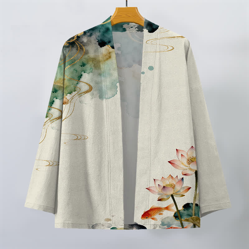 Buddha Stones Kimono de hombre con frente abierto, estampado de nube de tinta de loto koi de algodón y flores de algodón. - image 10