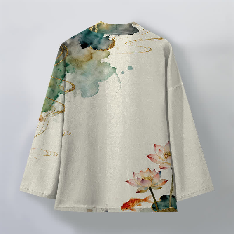 Buddha Stones Kimono de hombre con frente abierto, estampado de nube de tinta de loto koi de algodón y flores de algodón. - image 11