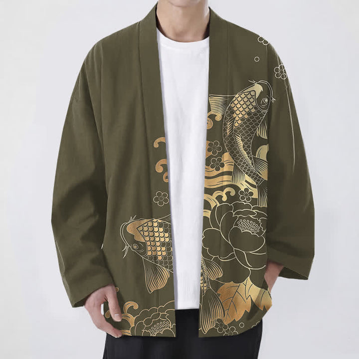 Buddha Stones Kimono de algodón dorado con estampado floral de carpas koi y frente abierto para hombre - Aceituna - US/UK/AU48, UE58 (4XL) - image 0