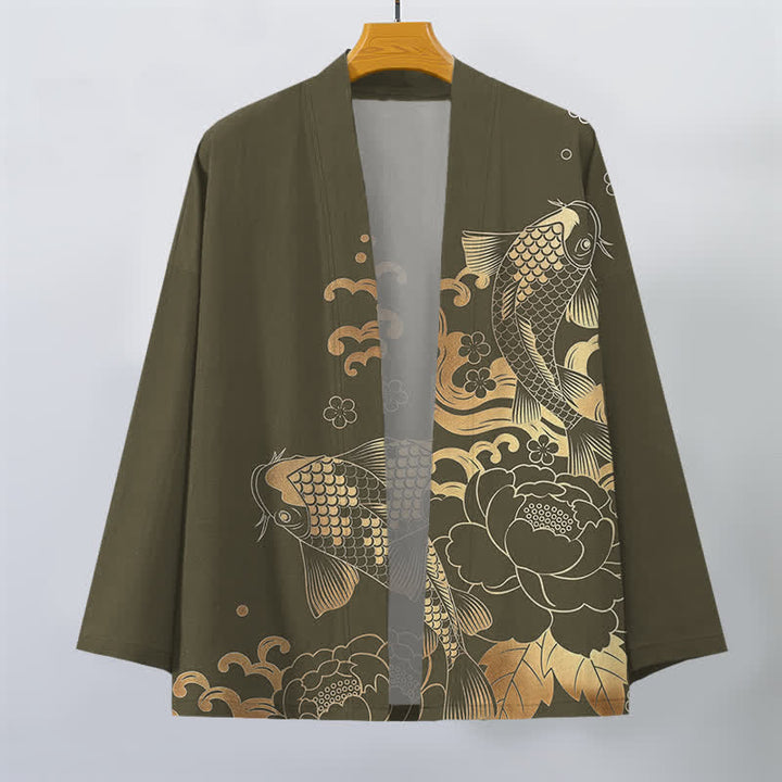 Buddha Stones Kimono de algodón dorado con estampado floral de carpas koi y frente abierto para hombre - image 1