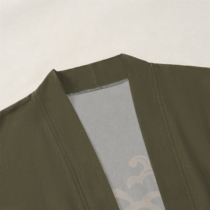 Buddha Stones Kimono de algodón dorado con estampado floral de carpas koi y frente abierto para hombre - image 3
