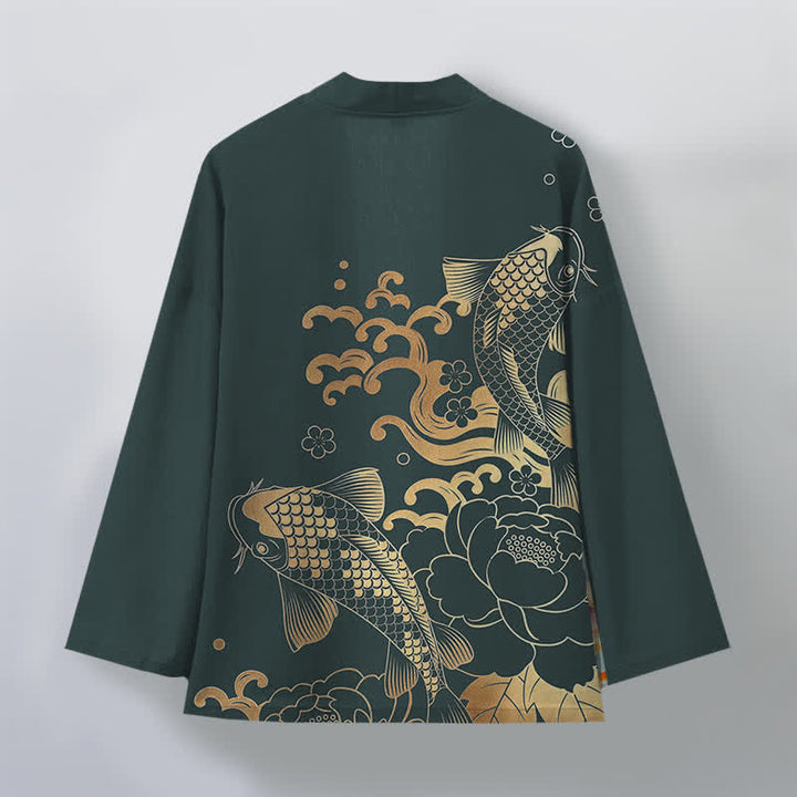 Buddha Stones Kimono de algodón dorado con estampado floral de carpas koi y frente abierto para hombre - image 8