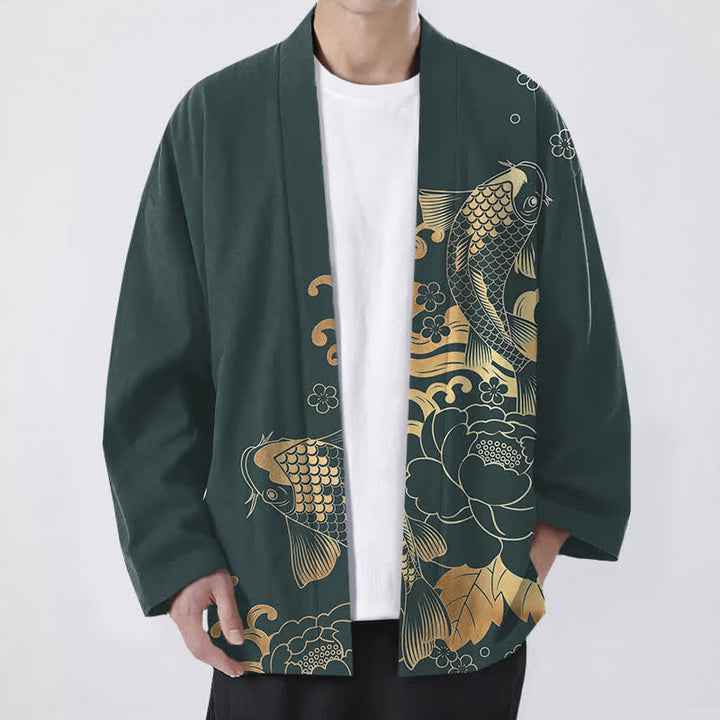 Buddha Stones Kimono de algodón dorado con estampado floral de carpas koi y frente abierto para hombre - Verde azulado - US/UK/AU48, UE58 (4XL) - image 6