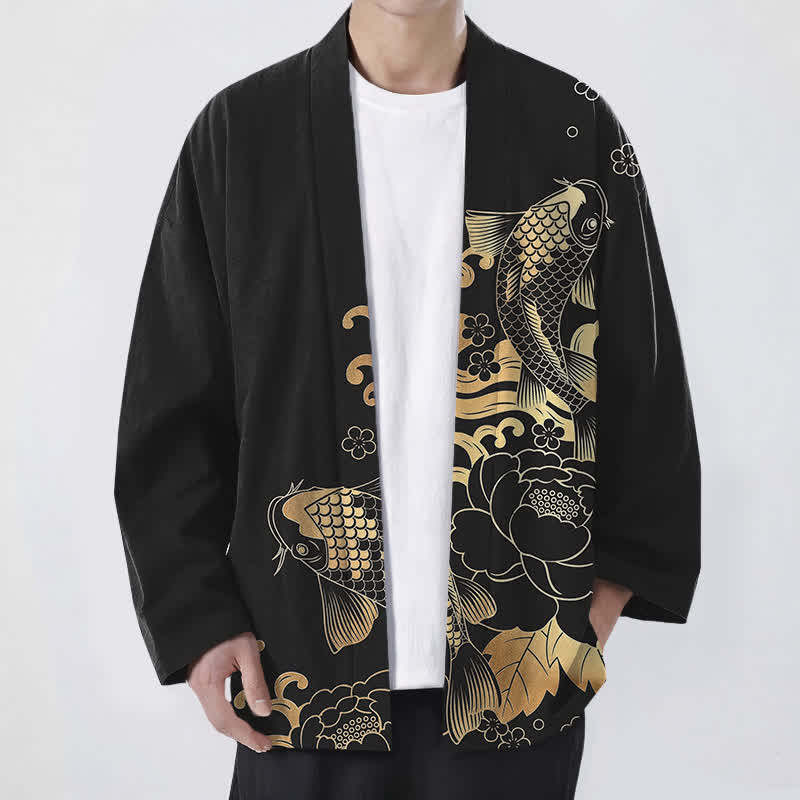 Buddha Stones Kimono de algodón dorado con estampado floral de carpas koi y frente abierto para hombre - Negro - US/UK/AU48, UE58 (4XL) - image 9