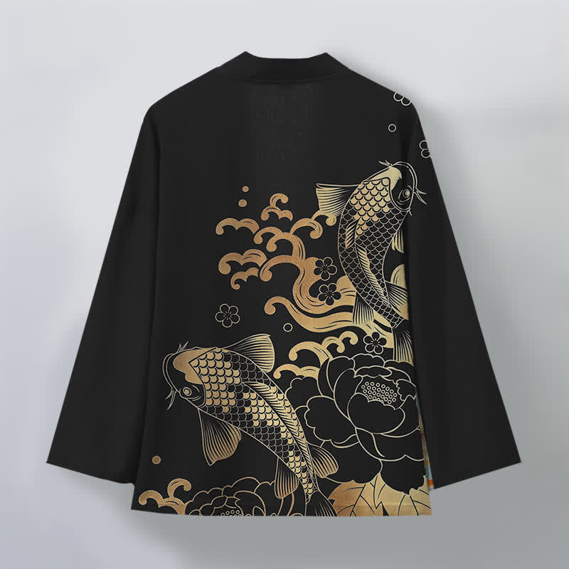 Buddha Stones Kimono de algodón dorado con estampado floral de carpas koi y frente abierto para hombre - image 11