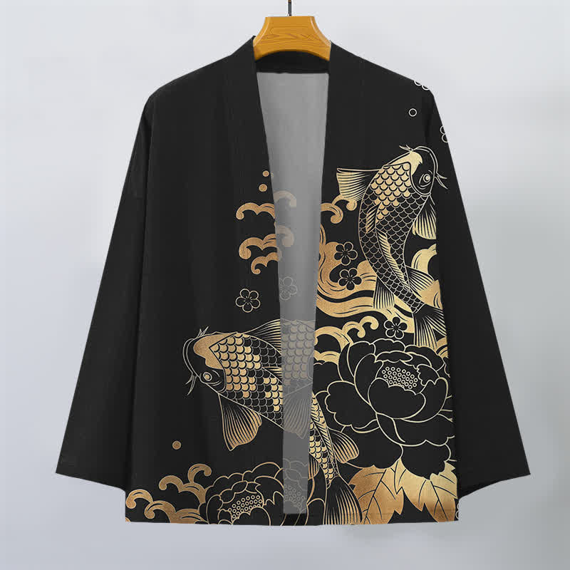 Buddha Stones Kimono de algodón dorado con estampado floral de carpas koi y frente abierto para hombre - image 10