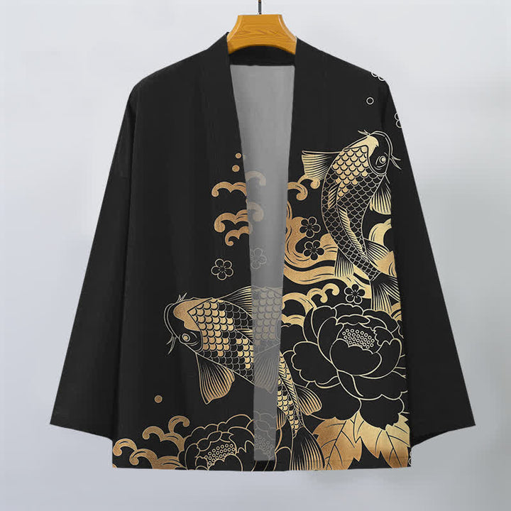 Buddha Stones Kimono de algodón dorado con estampado floral de carpas koi y frente abierto para hombre - image 10