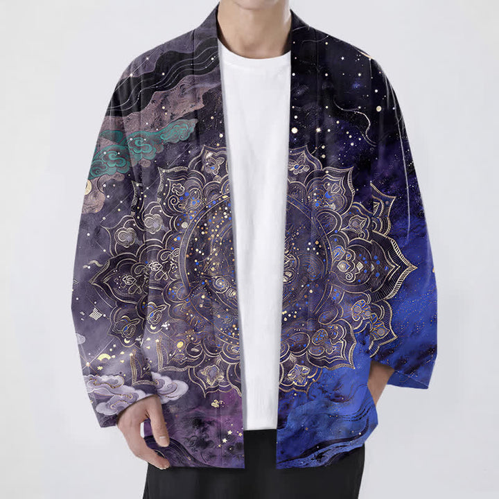 Buddha Stones Kimono de algodón con estampado de mandala galáctico y frente abierto para hombre - Índigo - US/UK/AU48, UE58 (4XL) - image 0