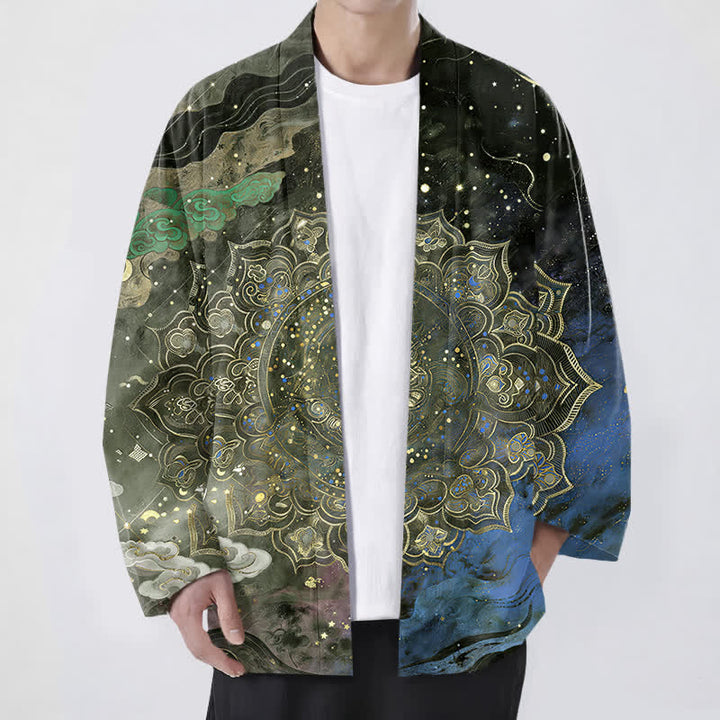 Buddha Stones Kimono de algodón con estampado de mandala galáctico y frente abierto para hombre - Verde oliva oscuro - US/UK/AU48, UE58 (4XL) - image 6