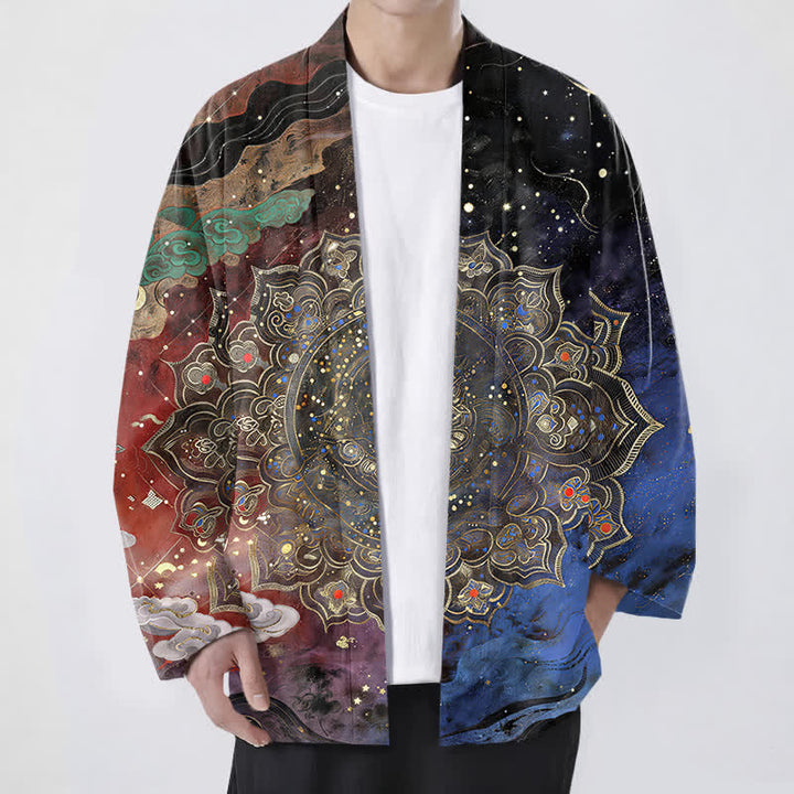 Buddha Stones Kimono de algodón con estampado de mandala galáctico y frente abierto para hombre - Ladrillo refractario - US/UK/AU48, UE58 (4XL) - image 9