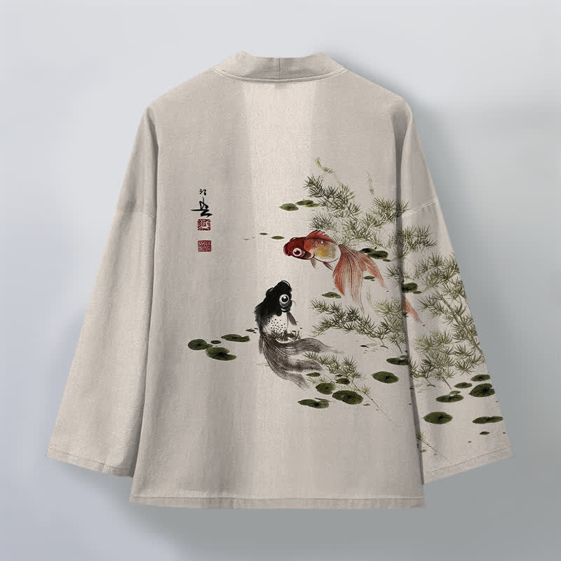 Buddha Stones Kimono de hombre de algodón con estampado de loto koi y lavado a la tinta, con frente abierto. - image 2
