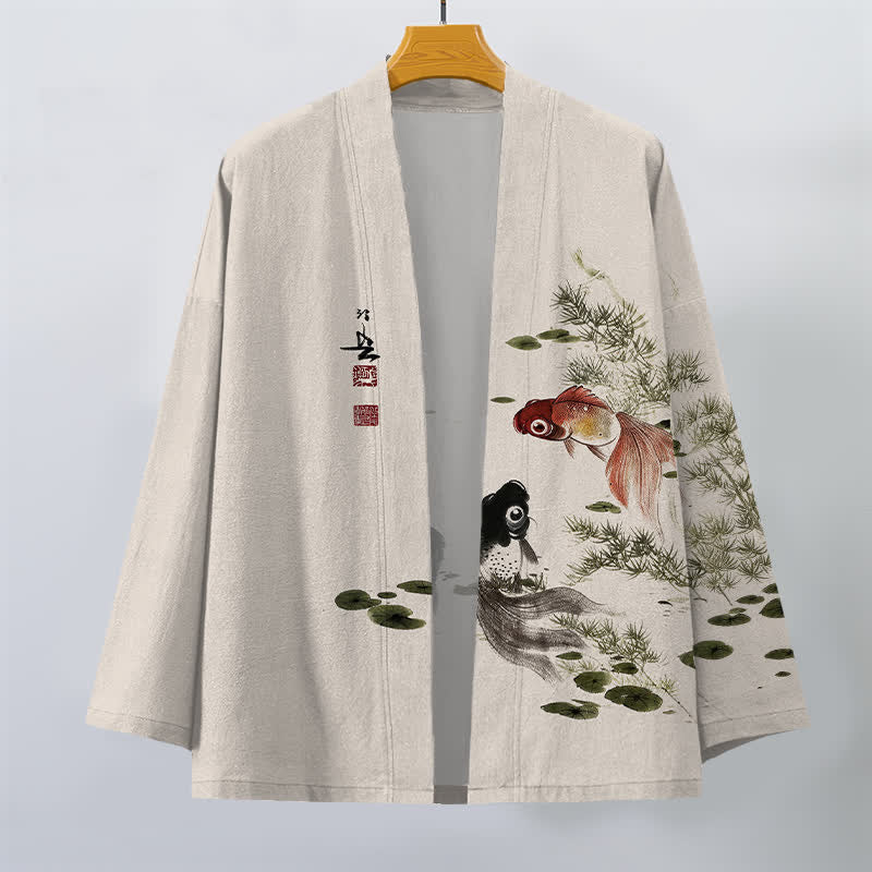 Buddha Stones Kimono de hombre de algodón con estampado de loto koi y lavado a la tinta, con frente abierto. - image 1