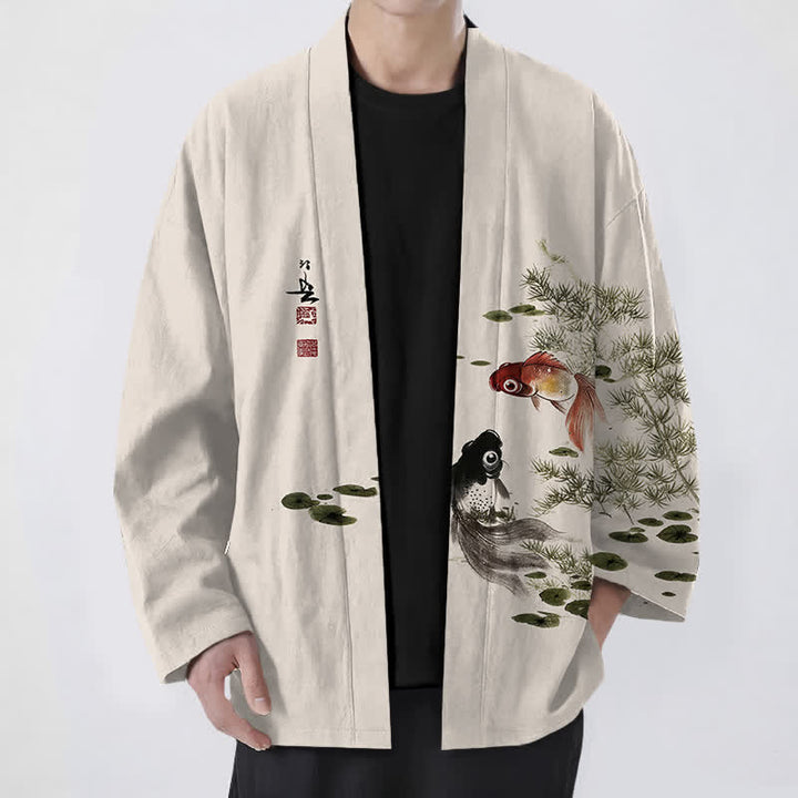 Buddha Stones Kimono de hombre de algodón con estampado de loto koi y lavado a la tinta, con frente abierto. - Beige - US/UK/AU48, UE58 (4XL) - image 0