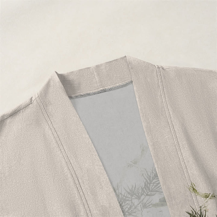Buddha Stones Kimono de hombre de algodón con estampado de loto koi y lavado a la tinta, con frente abierto. - image 3