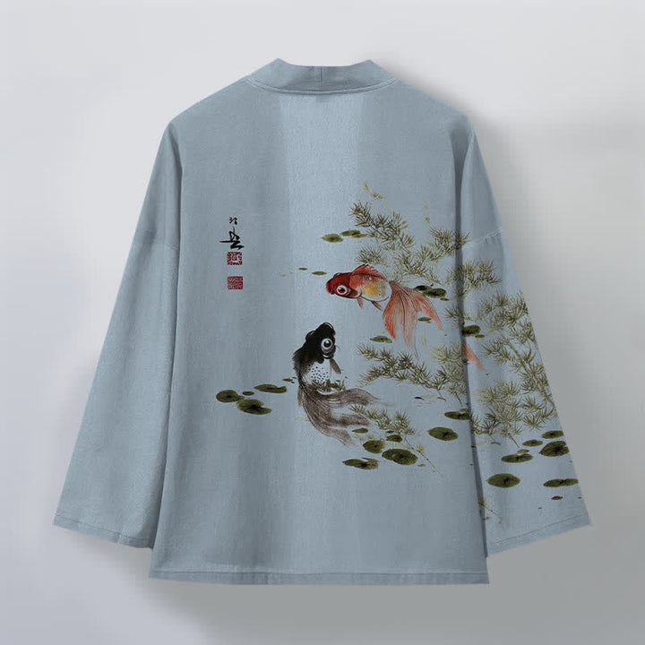 Buddha Stones Kimono de hombre de algodón con estampado de loto koi y lavado a la tinta, con frente abierto. - image 8