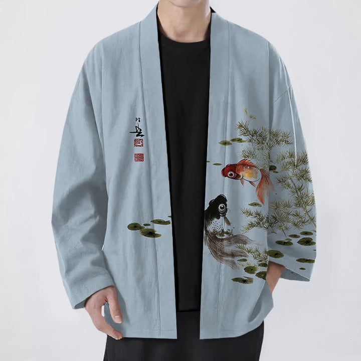 Buddha Stones Kimono de hombre de algodón con estampado de loto koi y lavado a la tinta, con frente abierto. - Azul acero claro - US/UK/AU48, UE58 (4XL) - image 6