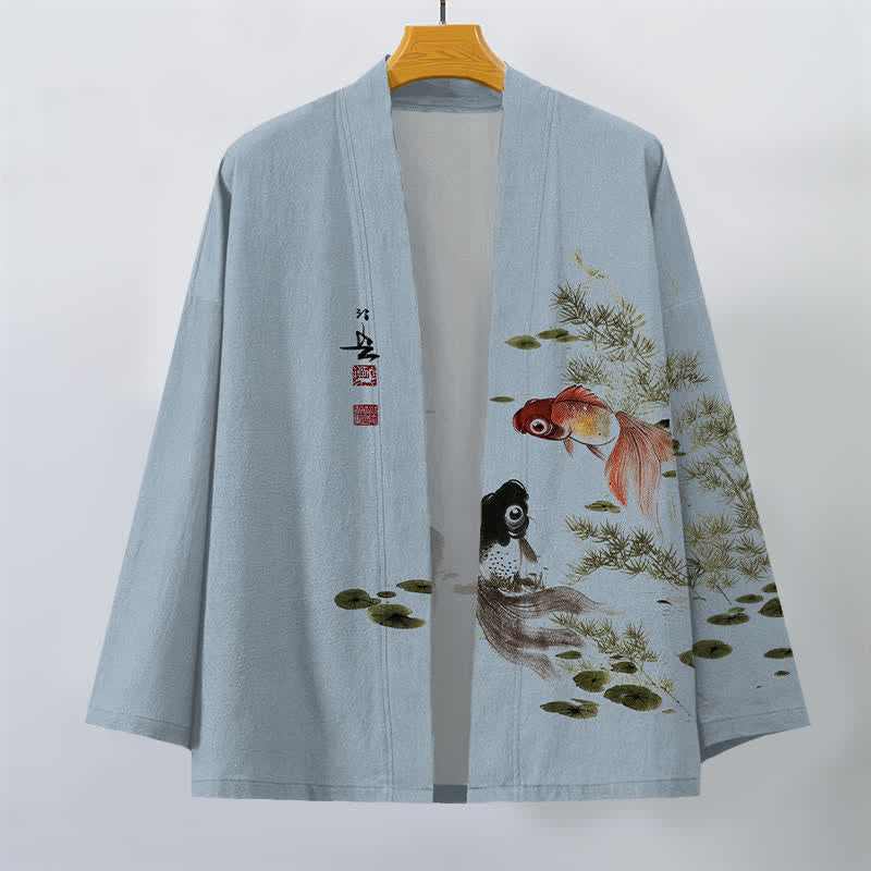 Buddha Stones Kimono de hombre de algodón con estampado de loto koi y lavado a la tinta, con frente abierto. - image 7