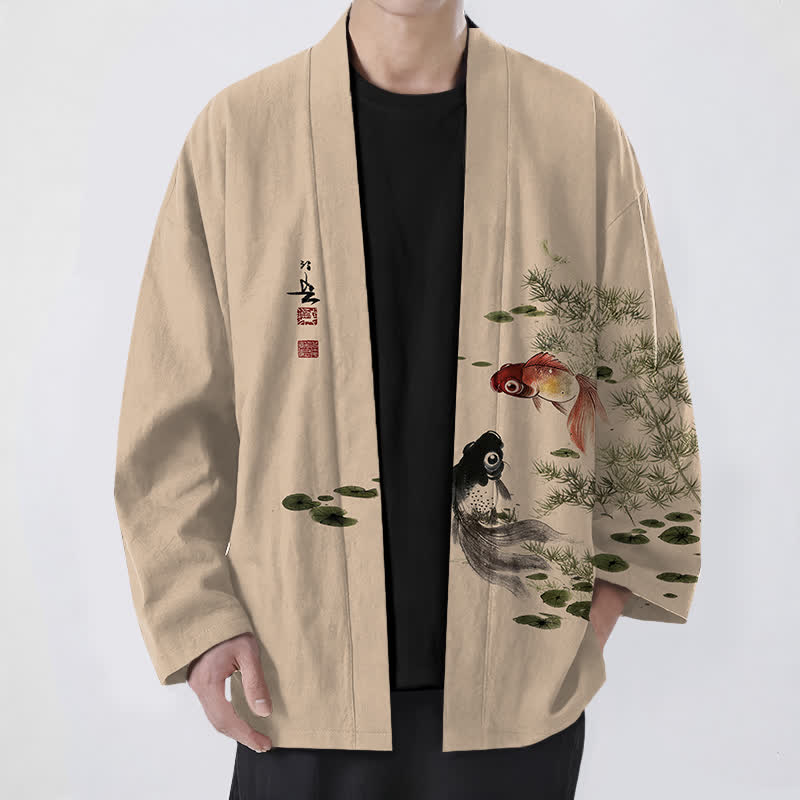 Buddha Stones Kimono de hombre de algodón con estampado de loto koi y lavado a la tinta, con frente abierto. - Trigo - US/UK/AU48, UE58 (4XL) - image 9