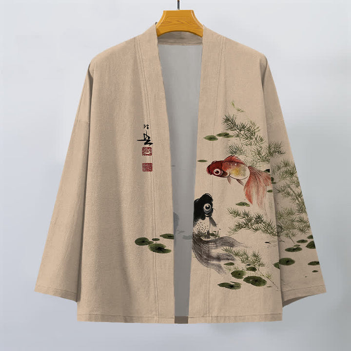 Buddha Stones Kimono de hombre de algodón con estampado de loto koi y lavado a la tinta, con frente abierto. - image 10