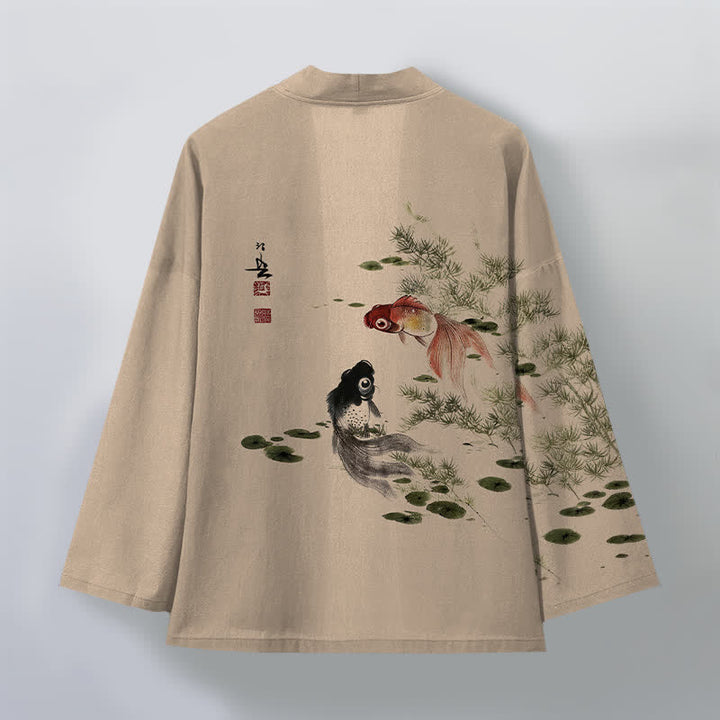 Buddha Stones Kimono de hombre de algodón con estampado de loto koi y lavado a la tinta, con frente abierto. - image 11