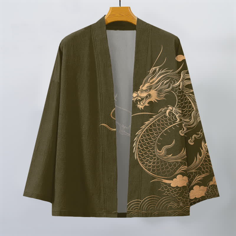 Buddha Stones Kimono de hombre de algodón con estampado de nube y dragón dorado y frente abierto. - image 1