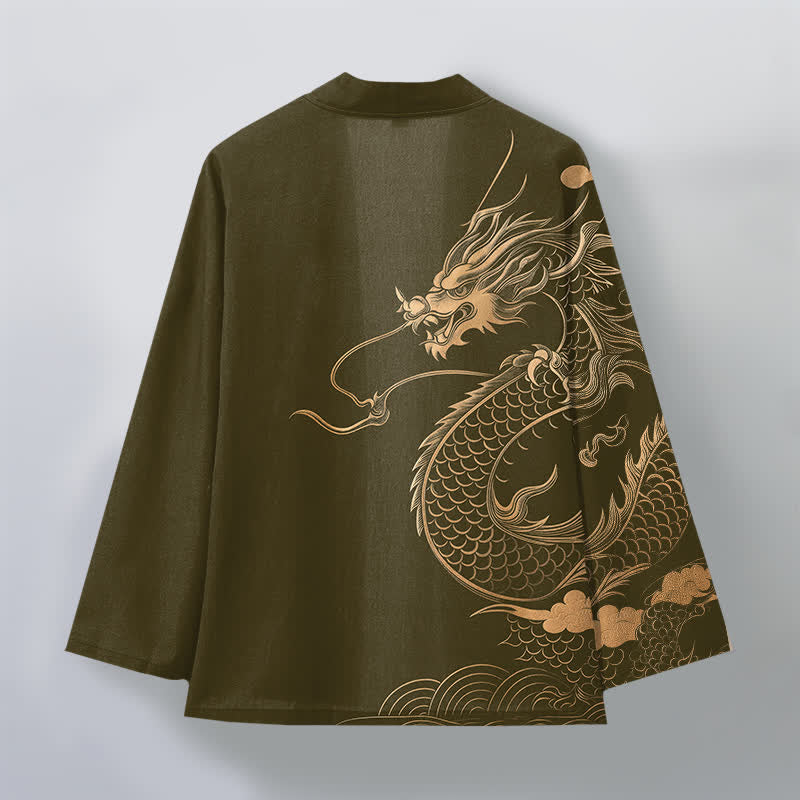 Buddha Stones Kimono de hombre de algodón con estampado de nube y dragón dorado y frente abierto. - image 2