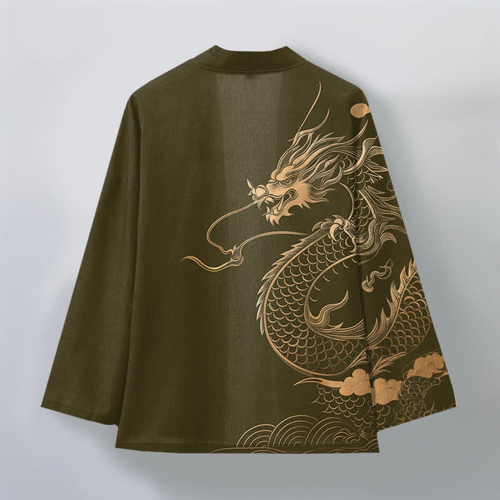 Buddha Stones Kimono de hombre de algodón con estampado de nube y dragón dorado y frente abierto. - image 2