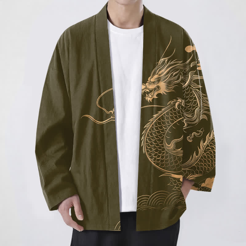 Buddha Stones Kimono de hombre de algodón con estampado de nube y dragón dorado y frente abierto. - Aceituna - US/UK/AU48, UE58 (4XL) - image 0