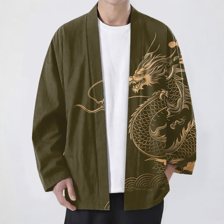 Buddha Stones Kimono de hombre de algodón con estampado de nube y dragón dorado y frente abierto. - Aceituna - US/UK/AU48, UE58 (4XL) - image 0