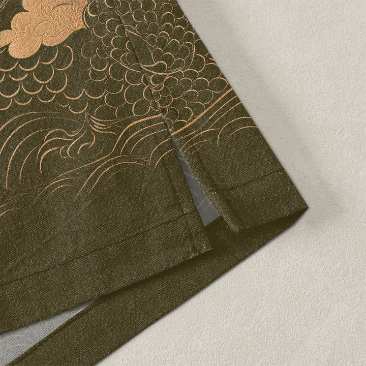 Buddha Stones Kimono de hombre de algodón con estampado de nube y dragón dorado y frente abierto. - image 4